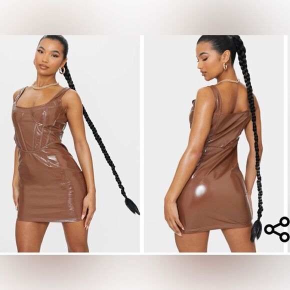 PrettyLittleThing Chocolate PU Sleeveless Corset Stitched Detail Bodycon Dress - Picture 1 of 6